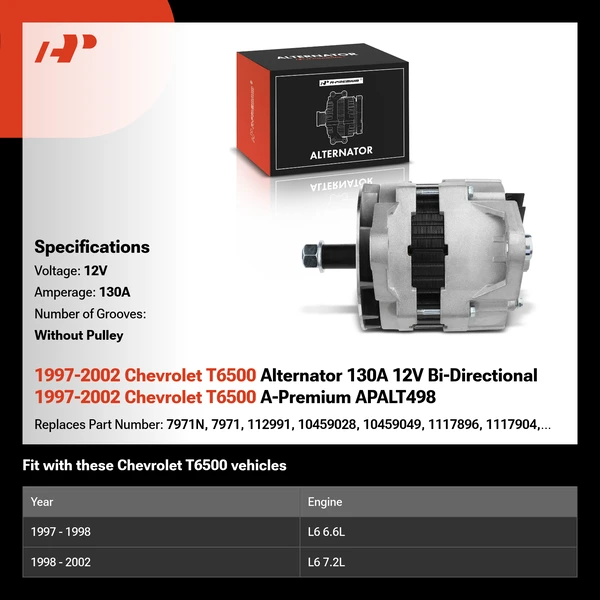 1997-2002 Chevrolet T6500 Alternator 130A 12V Bi-Directional 1997-2002 Chevrolet T6500 A-Premium APALT498