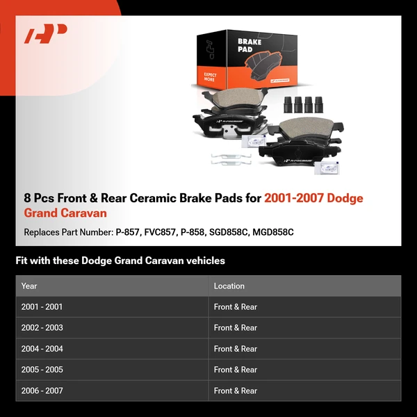 8 Pcs Front & Rear Ceramic Brake Pads for 2001-2007 Dodge Grand Caravan