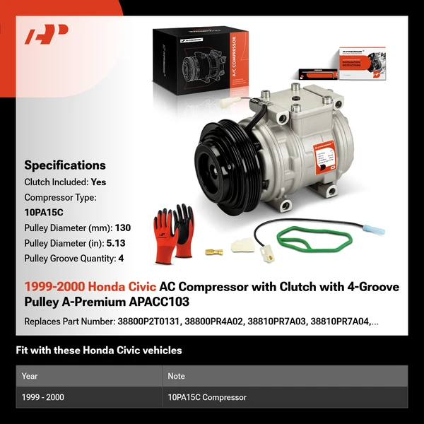 1999-2000 Honda Civic AC Compressor with Clutch with 4-Groove Pulley A-Premium APACC103