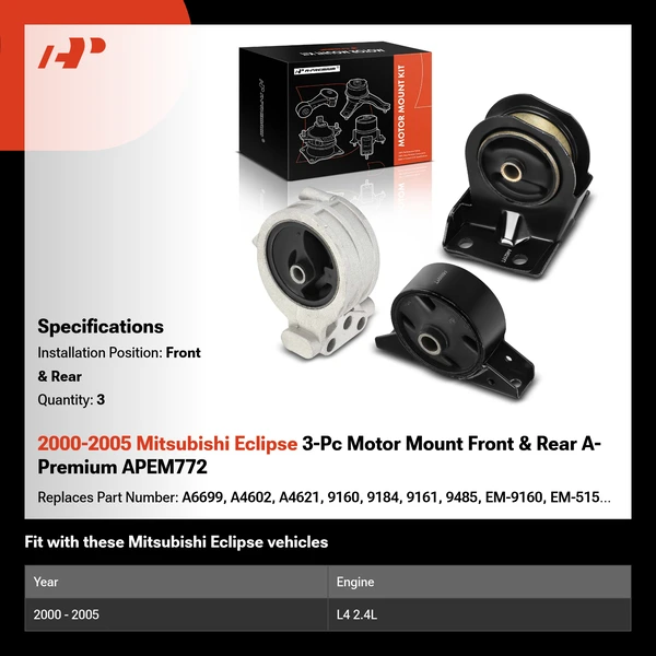 2000-2005 Mitsubishi Eclipse 3-Pc Motor Mount Front & Rear A-Premium APEM772