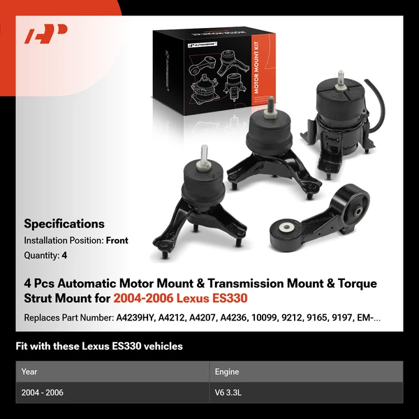 4 Pcs Automatic Motor Mount & Transmission Mount & Torque Strut Mount for 2004-2006 Lexus ES330