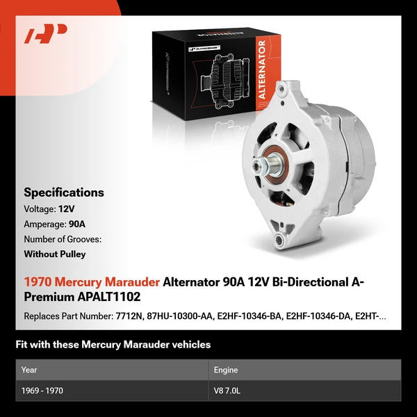 1970 Mercury Marauder Alternator 90A 12V Bi-Directional A-Premium APALT1102