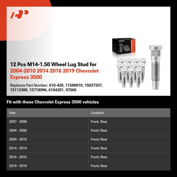 12 Pcs M14-1.50 Wheel Lug Stud for 2004-2010 2014 2016 2019 Chevrolet Express 3500