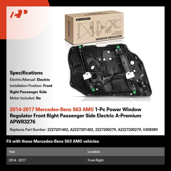 2014-2017 Mercedes-Benz S63 AMG 1-Pc Power Window Regulator Front Right Passenger Side Electric A-Premium APWR3276