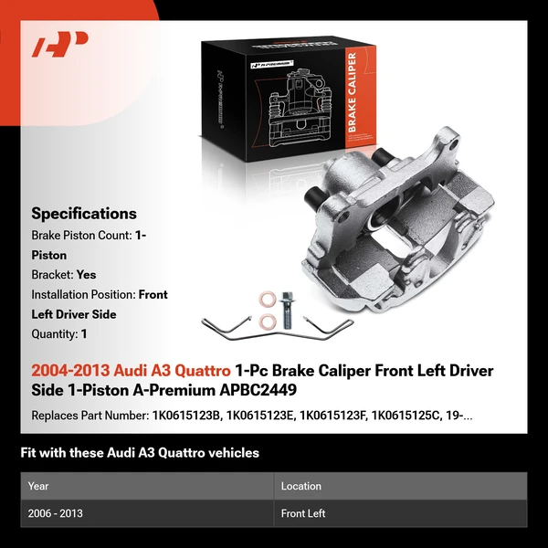 2004-2013 Audi A3 Quattro 1-Pc Brake Caliper Front Left Driver Side 1-Piston A-Premium APBC2449