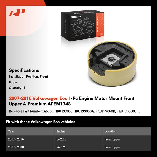 2007-2016 Volkswagen Eos 1-Pc Engine Motor Mount Front Upper A-Premium APEM1748