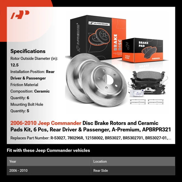 2006-2010 Jeep Commander Disc Brake Rotors and Ceramic Pads Kit, 6 Pcs, Rear Driver & Passenger, A-Premium, APBRPR321