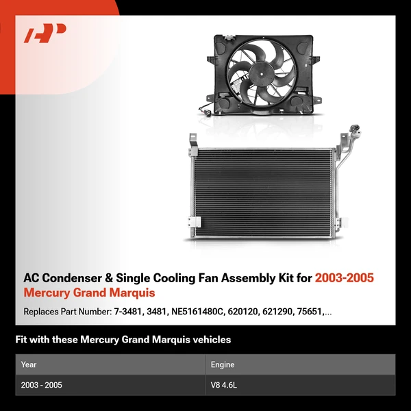 AC Condenser & Single Cooling Fan Assembly Kit for 2003-2005 Mercury Grand Marquis