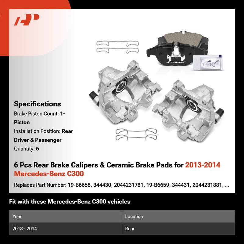 6 Pcs Rear Brake Calipers & Ceramic Brake Pads for 2013-2014 Mercedes-Benz C300