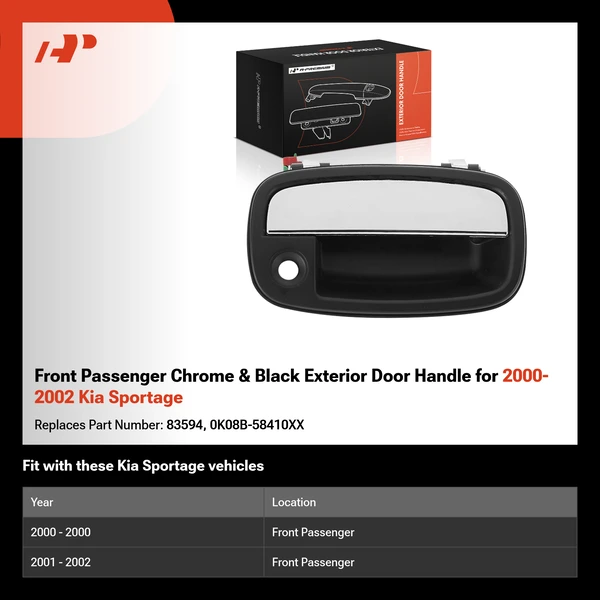 Front Passenger Chrome & Black Exterior Door Handle for 2000-2002 Kia Sportage