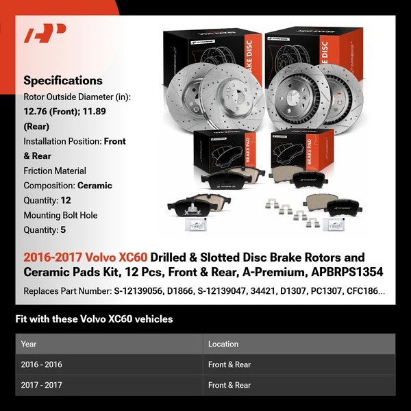 2016-2017 Volvo XC60 Drilled & Slotted Disc Brake Rotors and Ceramic Pads Kit, 12 Pcs, Front & Rear, A-Premium, APBRPS1354