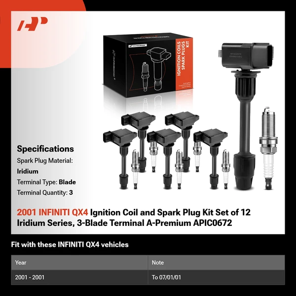 2001 INFINITI QX4 Ignition Coil and Spark Plug Kit Set of 12 Iridium Series, 3-Blade Terminal A-Premium APIC0672