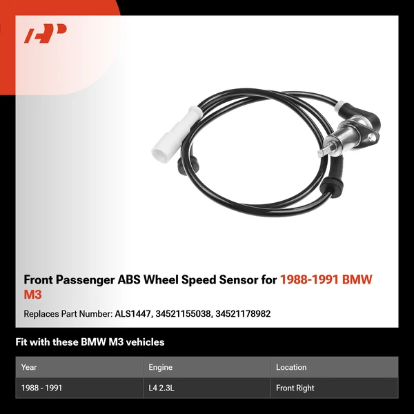 Front Passenger ABS Wheel Speed Sensor for 1988-1991 BMW M3