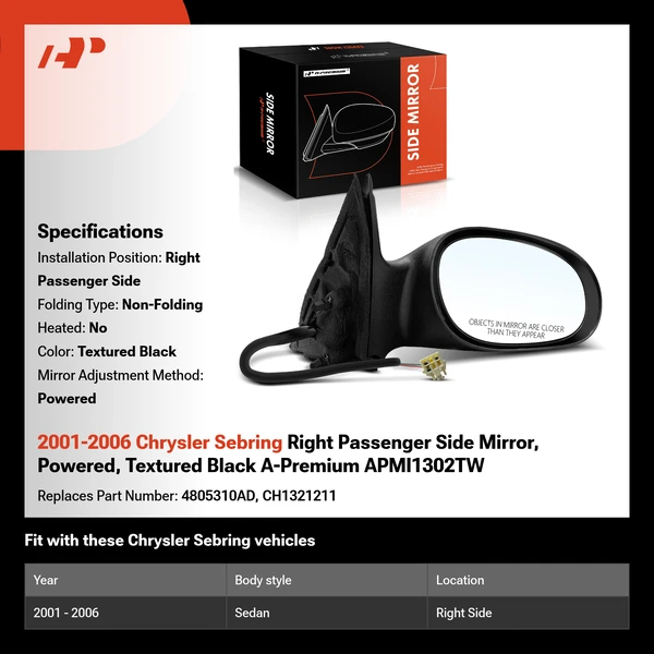 2001-2006 Chrysler Sebring Right Passenger Side Mirror, Power Adjustment, Non-Folding, Textured Black A-Premium APMI1302TW