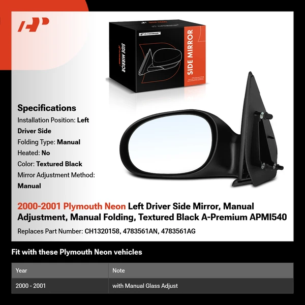 2000-2001 Plymouth Neon Left Driver Side Mirror, Manual Adjustment, Manual Folding, Textured Black A-Premium APMI540