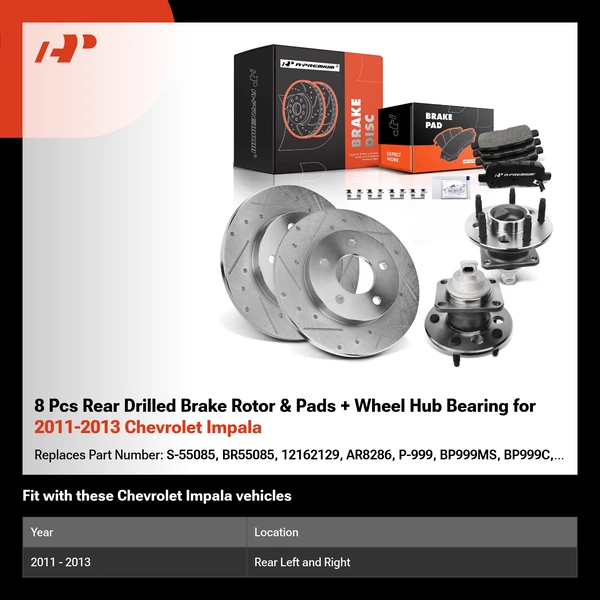8 Pcs Rear Drilled Brake Rotor & Pads + Wheel Hub Bearing for 2011-2013 Chevrolet Impala