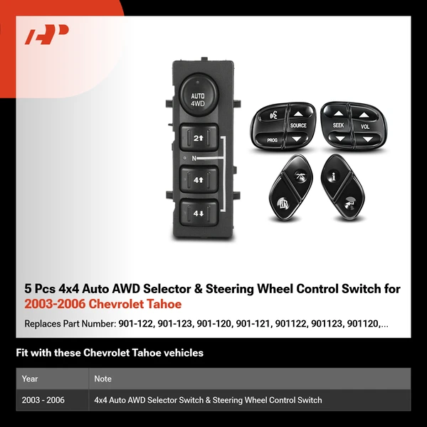 5 Pcs 4x4 Auto AWD Selector & Steering Wheel Control Switch for 2003-2006 Chevrolet Tahoe
