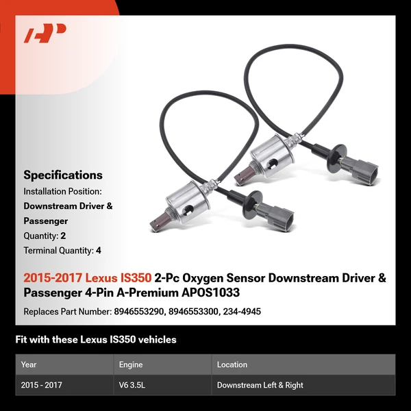 2015-2017 Lexus IS350 2-Pc Oxygen Sensor Downstream Driver & Passenger 4-Pin A-Premium APOS1033