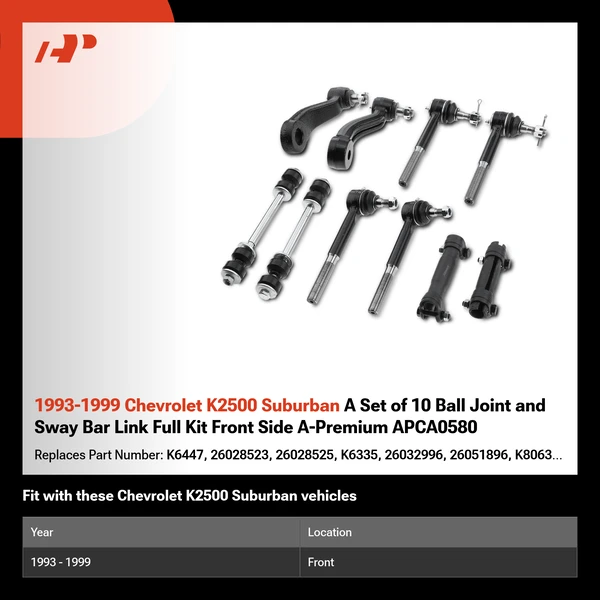 1993-1999 Chevrolet K2500 Suburban A Set of 10 Ball Joint and Sway Bar Link Full Kit Front Side A-Premium APCA0580