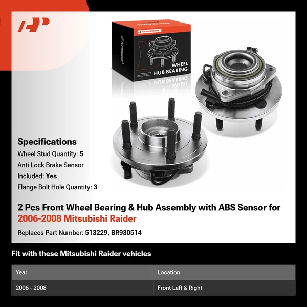 2 Pcs Front Wheel Bearing & Hub Assembly with ABS Sensor for 2006-2008 Mitsubishi Raider