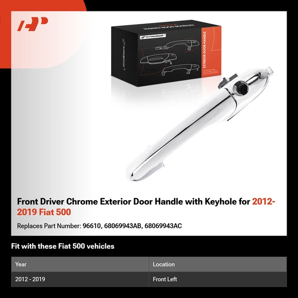 Front Driver Chrome Exterior Door Handle with Keyhole for 2012-2019 Fiat 500