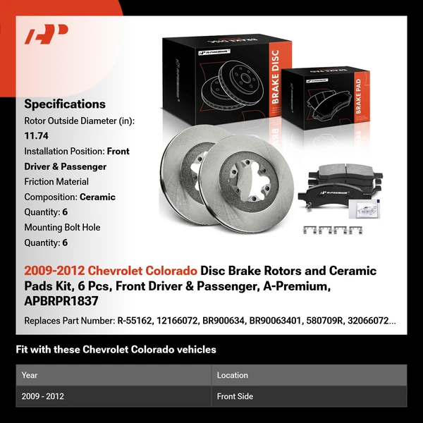 2009-2012 Chevrolet Colorado Disc Brake Rotors and Ceramic Pads Kit, 6 Pcs, Front Driver & Passenger, A-Premium, APBRPR1837
