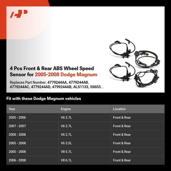 4 Pcs Front & Rear ABS Wheel Speed Sensor for 2005-2008 Dodge Magnum