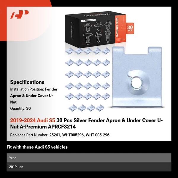 2019-2024 Audi S5 30 Pcs Silver Fender Apron & Under Cover U-Nut A-Premium APRCF3214