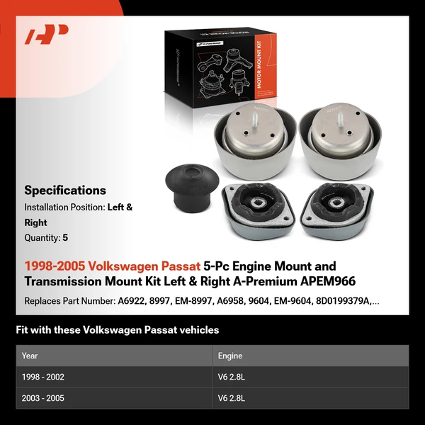 1998-2005 Volkswagen Passat 5-Pc Engine Mount and Transmission Mount Kit Left & Right A-Premium APEM966