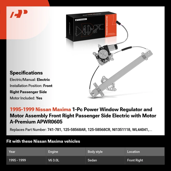 1995-1999 Nissan Maxima 1-Pc Power Window Regulator and Motor Assembly Front Right Passenger Side Electric with Motor A-Premium APWR0605