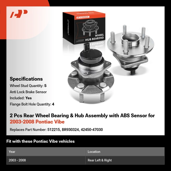2 Pcs Rear Wheel Bearing & Hub Assembly with ABS Sensor for 2003-2008 Pontiac Vibe