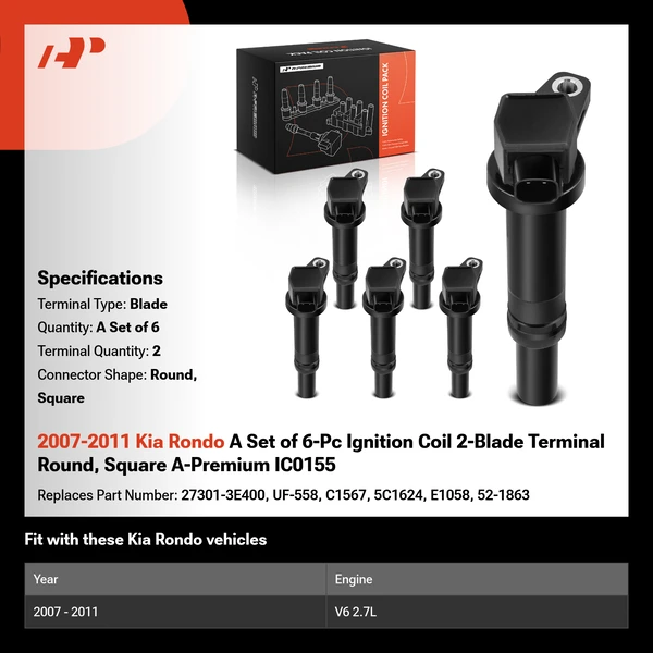 2007-2011 Kia Rondo A Set of 6-Pc Ignition Coil 2-Blade Terminal Round, Square A-Premium IC0155
