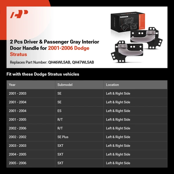 2 Pcs Driver & Passenger Gray Interior Door Handle for 2001-2006 Dodge Stratus