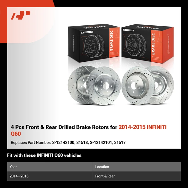 4 Pcs Front & Rear Drilled Brake Rotors for 2014-2015 INFINITI Q60