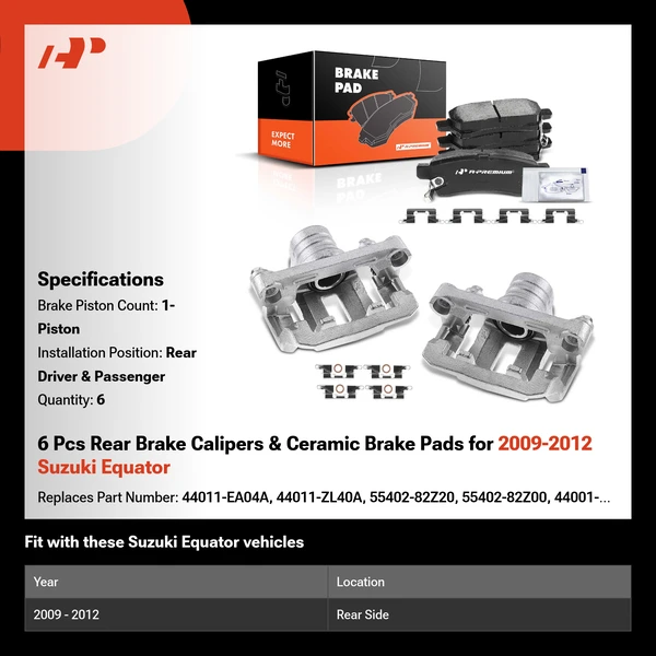 6 Pcs Rear Brake Calipers & Ceramic Brake Pads for 2009-2012 Suzuki Equator