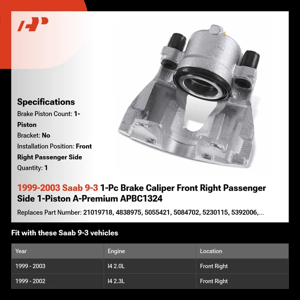 1999-2003 Saab 9-3 1-Pc Brake Caliper Front Right Passenger Side 1-Piston A-Premium APBC1324