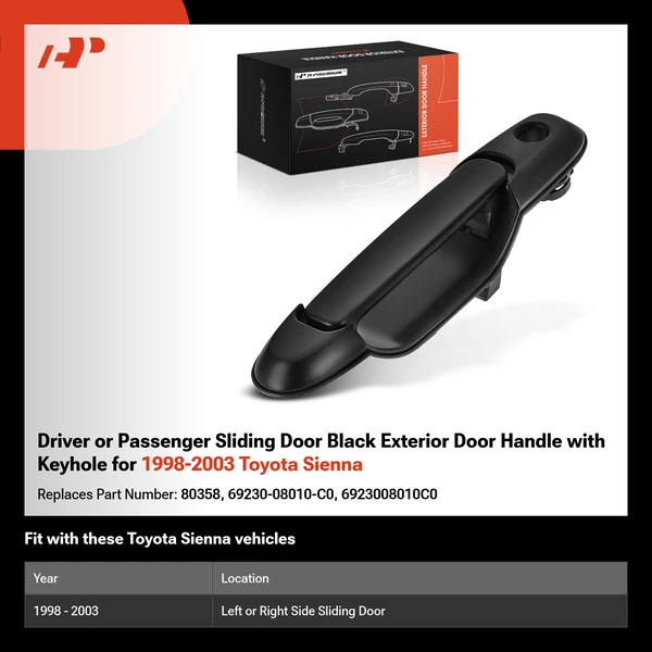 Driver or Passenger Sliding Door Black Exterior Door Handle with Keyhole for 1998-2003 Toyota Sienna