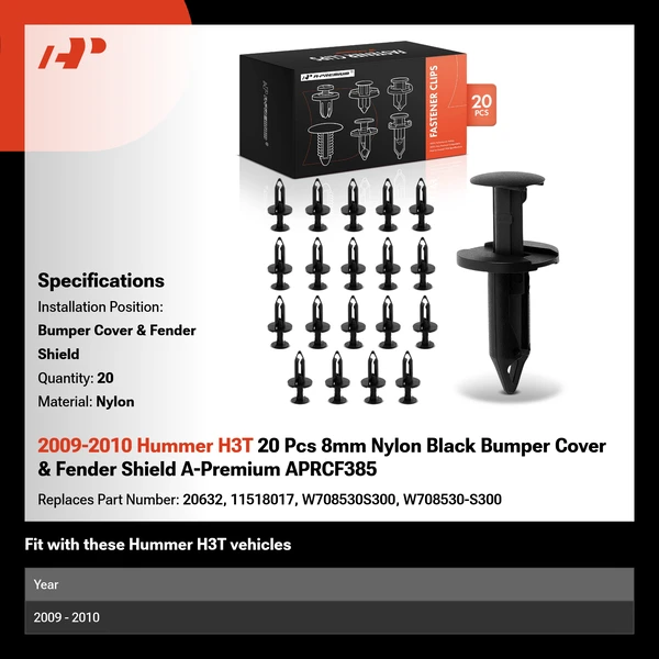 2009-2010 Hummer H3T 20 Pcs 8mm Nylon Black Bumper Cover & Fender Shield A-Premium APRCF385