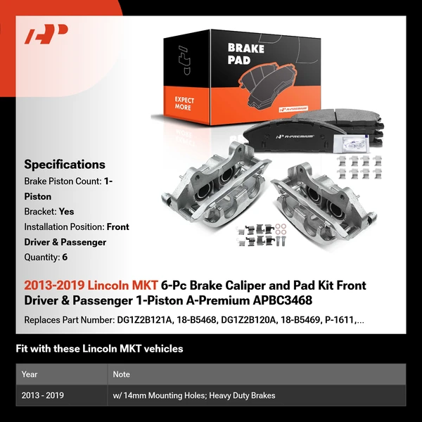 2013-2019 Lincoln MKT 6-Pc Brake Caliper and Pad Kit Front Driver & Passenger 1-Piston A-Premium APBC3468