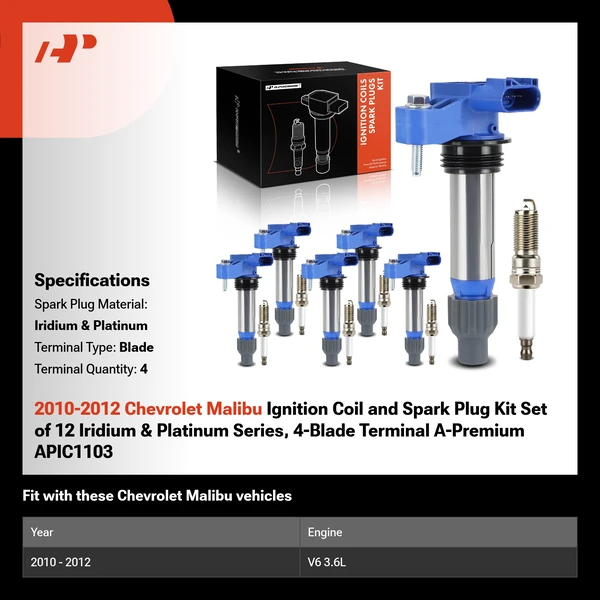 2010-2012 Chevrolet Malibu Ignition Coil and Spark Plug Kit Set of 12 Iridium & Platinum Series, 4-Blade Terminal A-Premium APIC1103