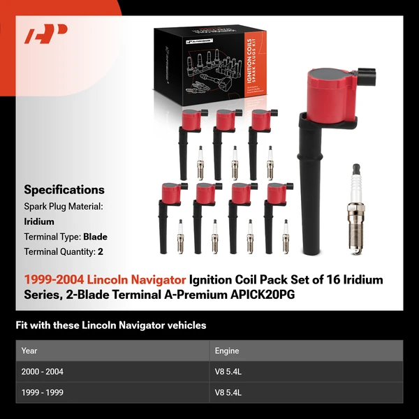 1999-2004 Lincoln Navigator Ignition Coil Pack Set of 16 Iridium Series, 2-Blade Terminal A-Premium APICK20PG