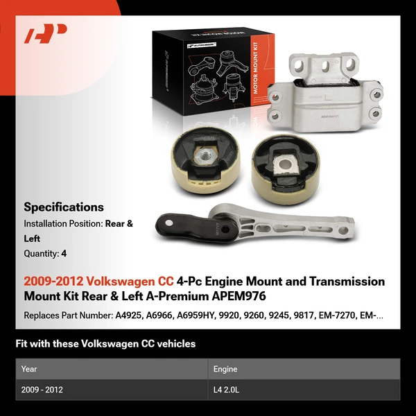 2009-2012 Volkswagen CC 4-Pc Engine Mount and Transmission Mount Kit Rear & Left A-Premium APEM976