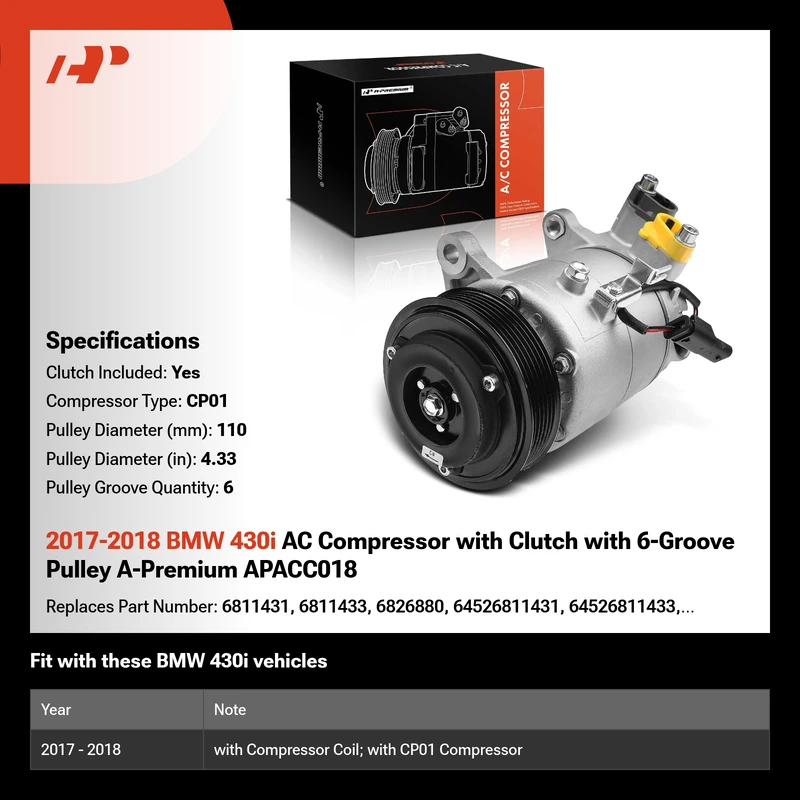 2017-2018 BMW 430i AC Compressor with Clutch with 6-Groove Pulley A-Premium APACC018