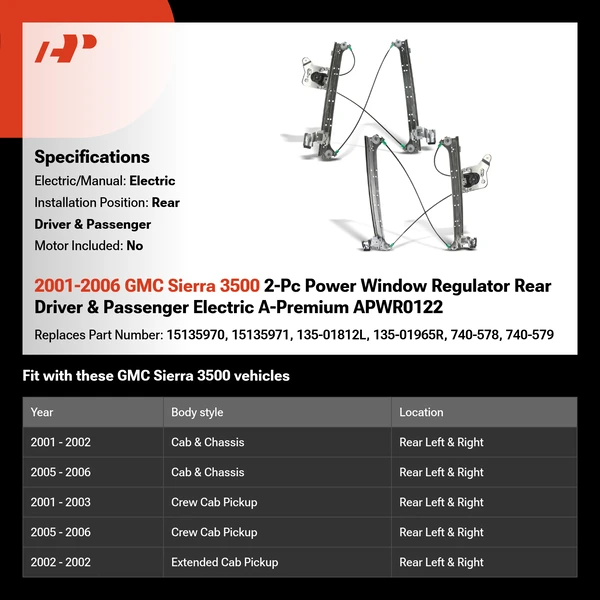 2001-2006 GMC Sierra 3500 2-Pc Power Window Regulator Rear Driver & Passenger Electric A-Premium APWR0122
