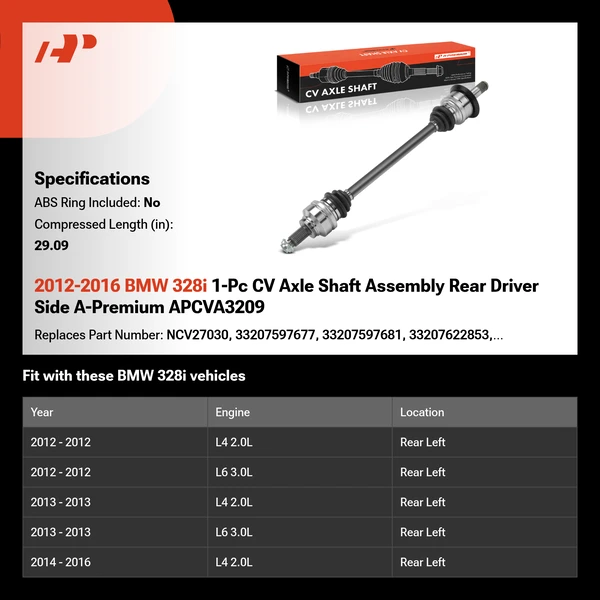 2012-2016 BMW 328i 1-Pc CV Axle Shaft Assembly Rear Driver Side A-Premium APCVA3209