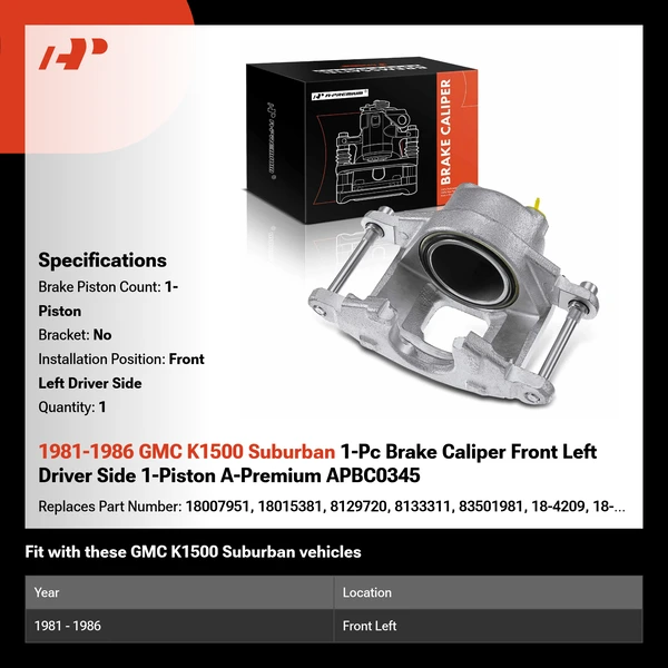 1981-1986 GMC K1500 Suburban 1-Pc Brake Caliper Front Left Driver Side 1-Piston A-Premium APBC0345