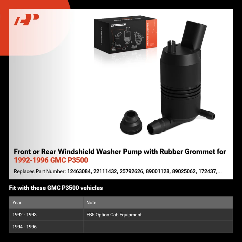 Front or Rear Windshield Washer Pump with Rubber Grommet for 1992-1996 GMC P3500