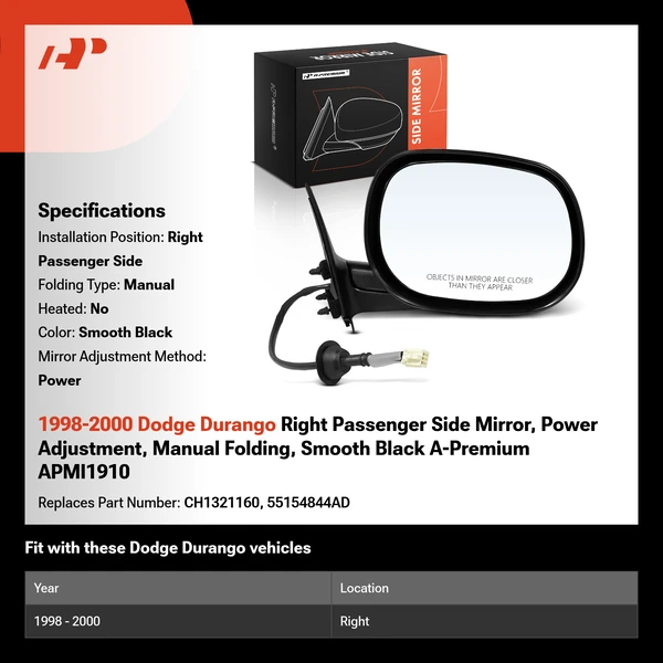 1998-2000 Dodge Durango Right Passenger Side Mirror, Power Adjustment, Manual Folding, Smooth Black A-Premium APMI1910