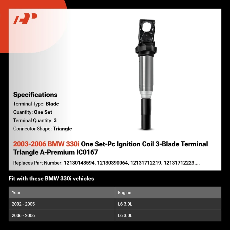 2003-2006 BMW 330i One Set-Pc Ignition Coil 3-Blade Terminal Triangle A-Premium IC0167