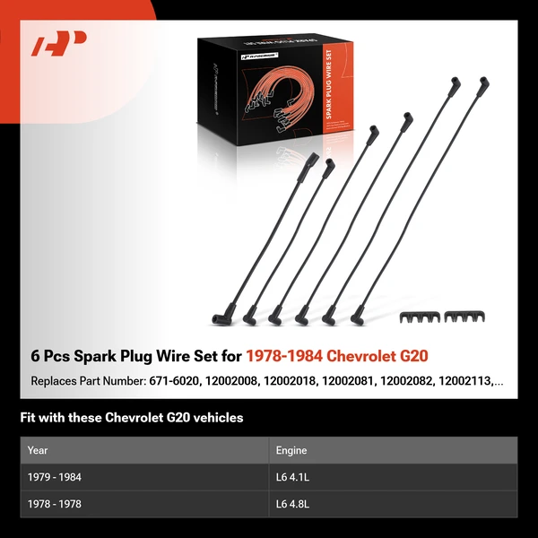 6 Pcs Spark Plug Wire Set for 1978-1984 Chevrolet G20